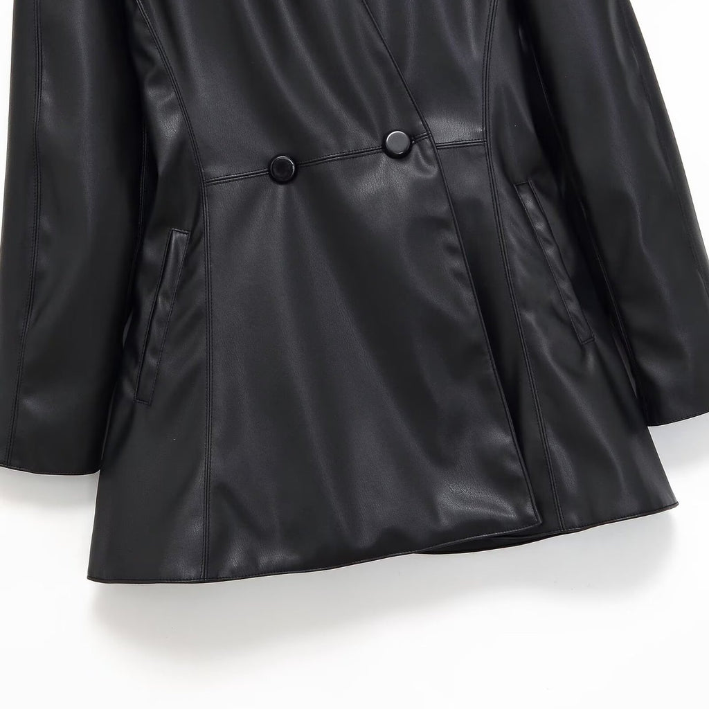 Women's tailored double-breasted faux leather midi coat with shawl collar and patch pockets Fashion Glam