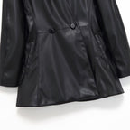 Women's tailored double-breasted faux leather midi coat with shawl collar and patch pockets Fashion Glam