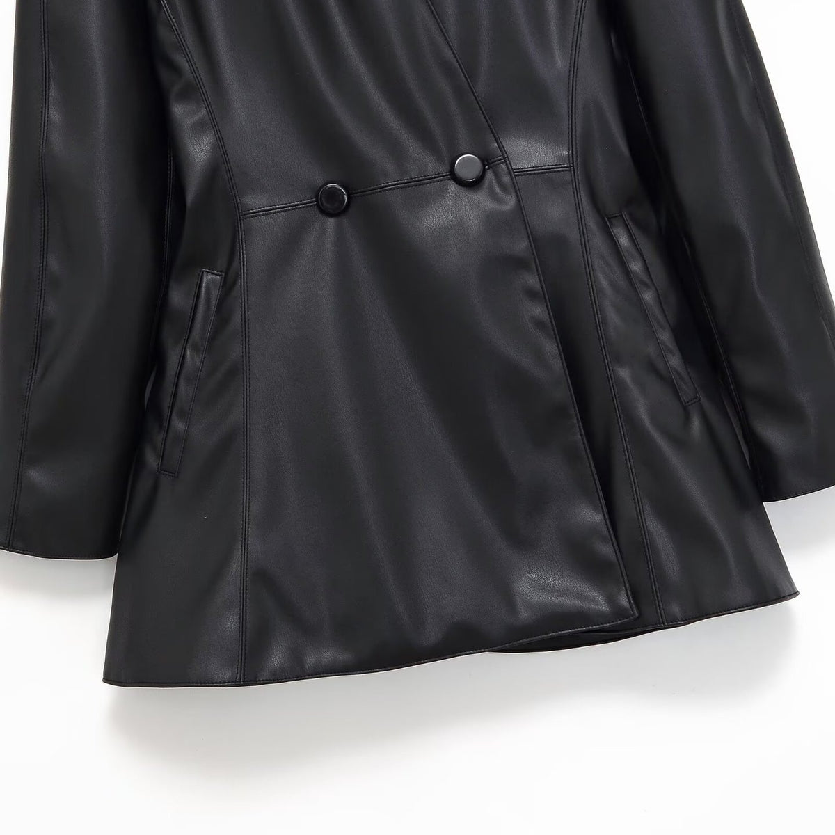 Women's tailored double-breasted faux leather midi coat with shawl collar and patch pockets Fashion Glam