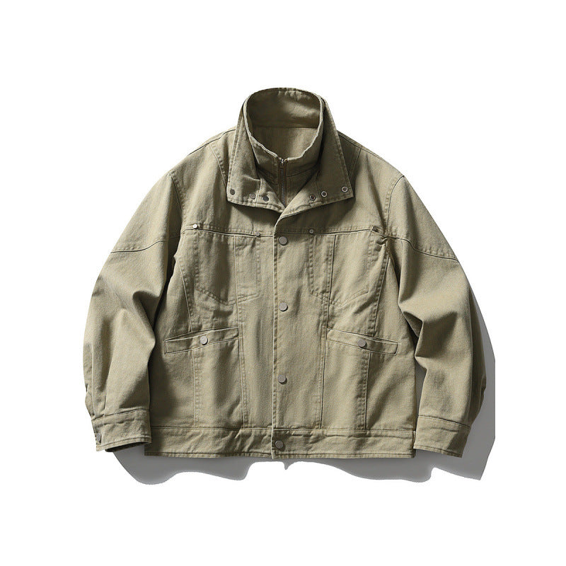 Men's Oversized Canvas Jacket with Stand-Up Collar, Snap Button Front and Concealed Zipper Interior Insert Fashion Glam