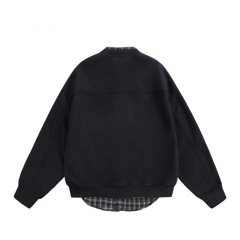 Men's Oversized College-Style Sweat Jacket with Concealed Snap Button Placket and Checked Lining Fashion Glam