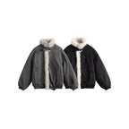 Women's short-cut bomber jacket in lambskin look with high stand-up collar and faux fur trim Fashion Glam