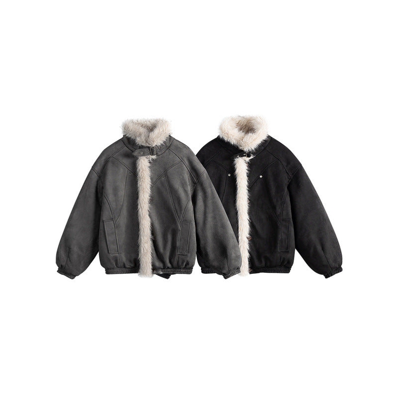 Women's short-cut bomber jacket in lambskin look with high stand-up collar and faux fur trim Fashion Glam