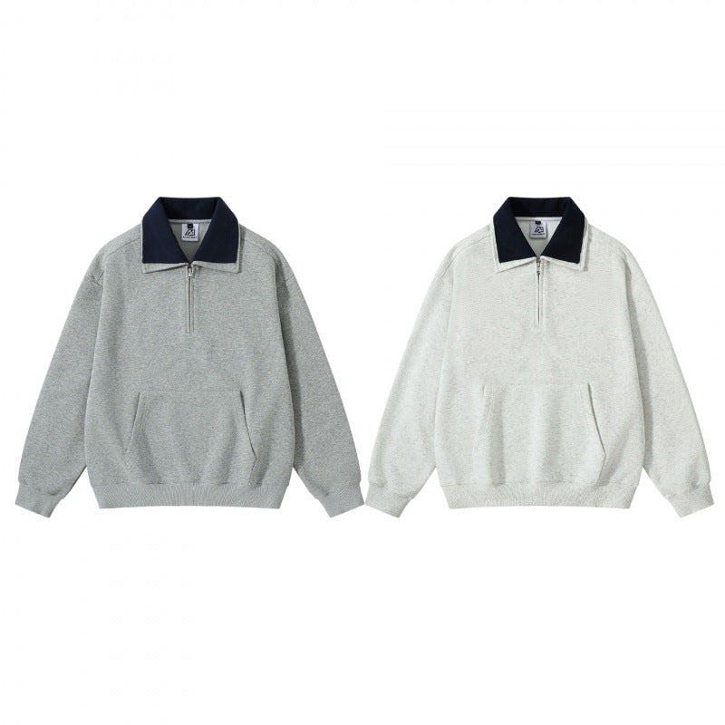 Unisex Oversize Half-zip Sweatshirt with contrasting Kent collar, kangaroo pocket, and ribbed cuffs Fashion Glam