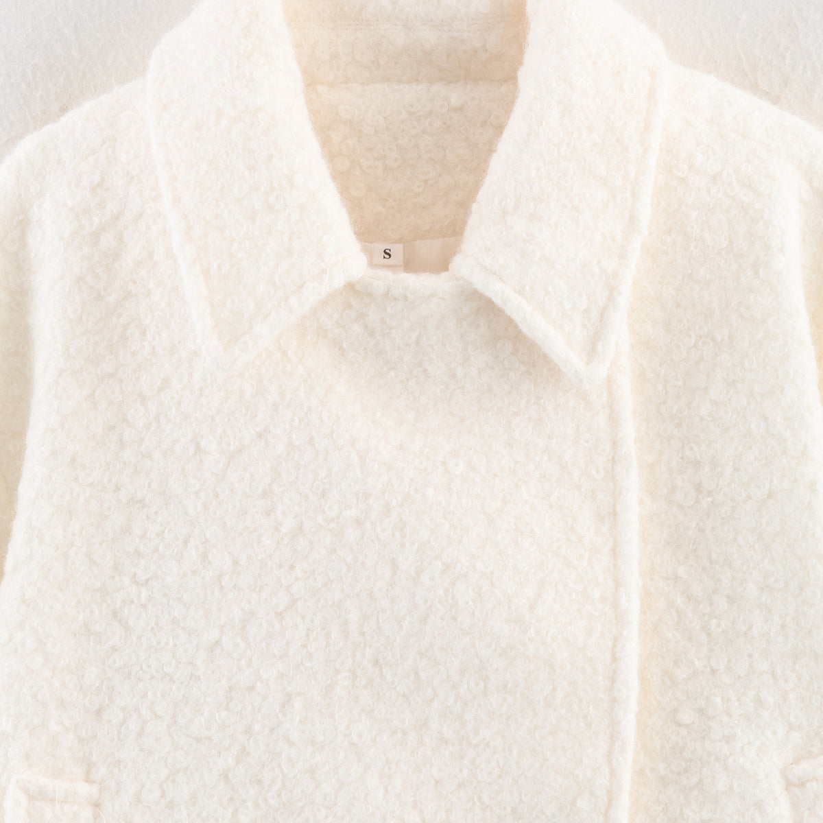 Ladies Boxy Boucle Double-Breasted Coat with Shirt Collar and Flap Pockets Fashion Glam