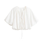 Women Oversized Cape Blouse with Drawstring, Gathered Hem and Voluminous Batwing Sleeves Fashion Glam