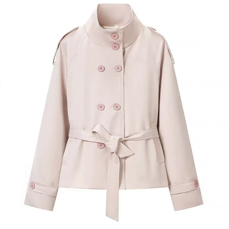 Women's Cropped Trench Coat in Boxy Cut with Stand Collar, Epaulettes and Waist Belt Fashion Glam