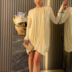 Women Pleated Cape Mini Dress with Round Neckline and Wide Cape Sleeves Fashion Glam