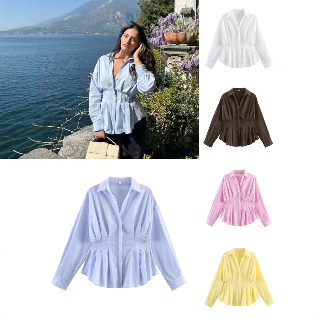 Women's tailored blouse shirt jacket with box pleats and concealed button placket Fashion Glam