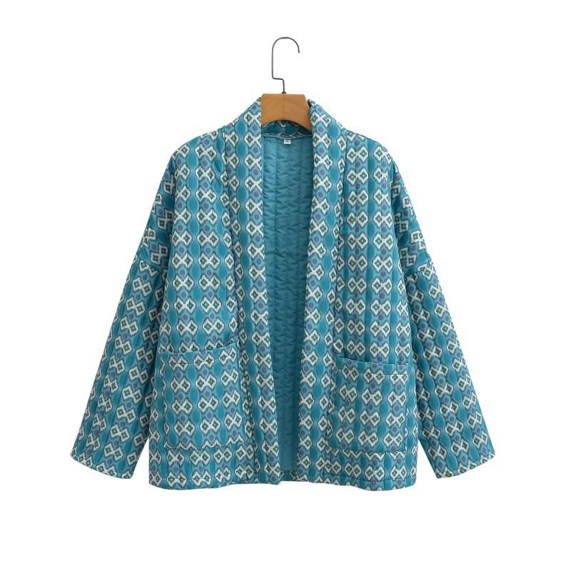 Women Quilted Kimono Overlay Jacket with Open Cut and Patch Pockets Fashion Glam