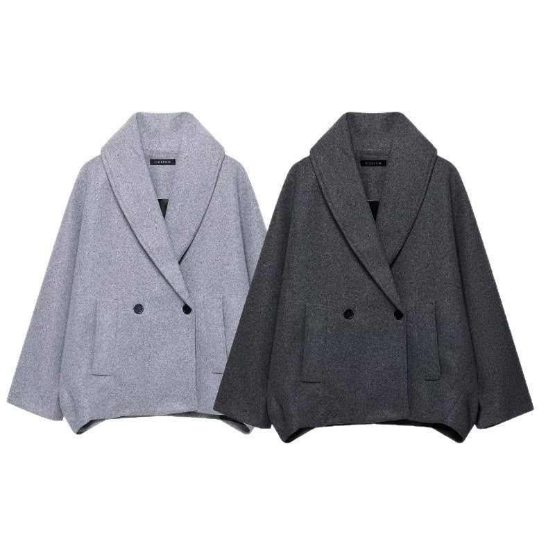 Women Boxy Wool Blend Cape Coat with Wide Shawl Collar and Double Button Placket Fashion Glam