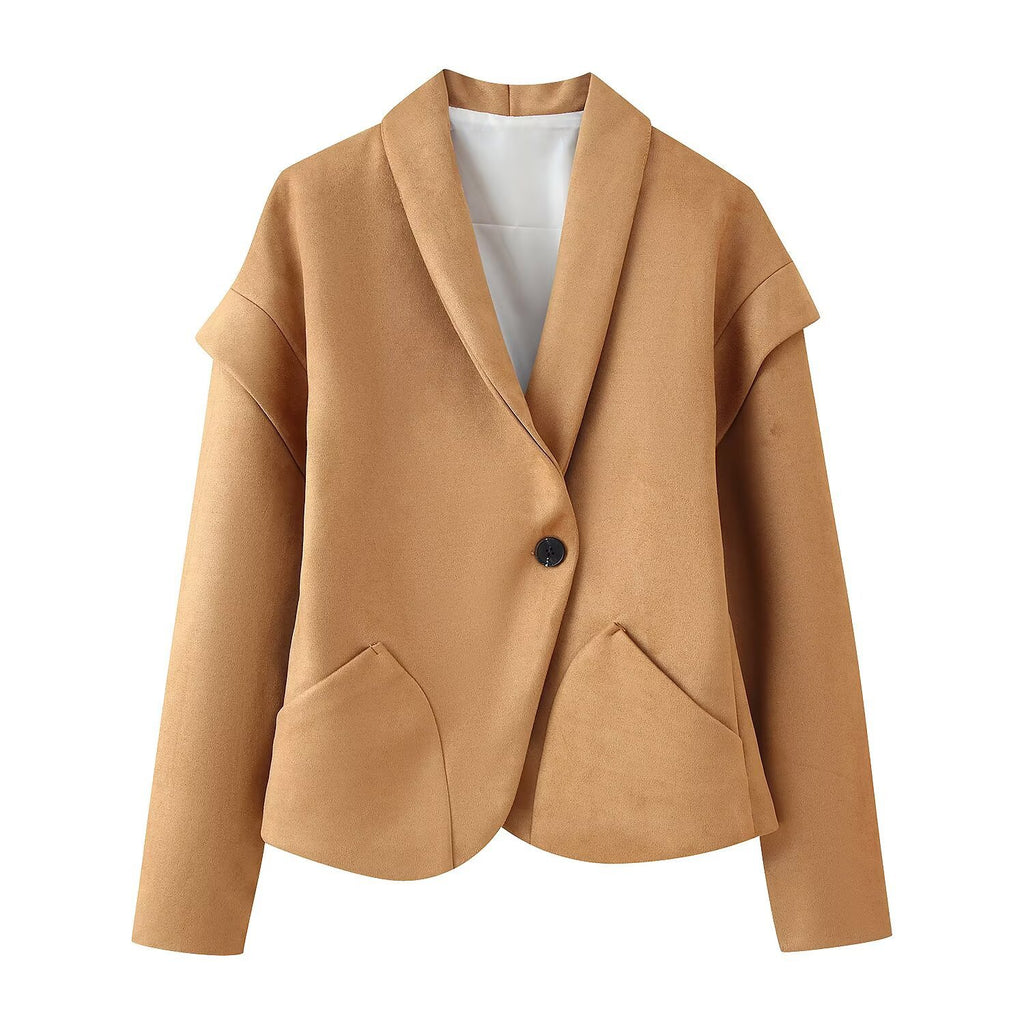 Ladies short blazer made of suede look with shawl collar and rounded hem Fashion Glam