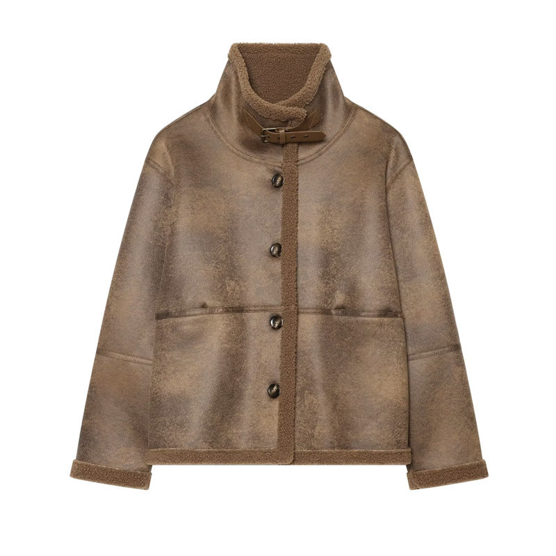 Ladies short jacket in lambskin look with stand-up collar, button and buckle closure Fashion Glam