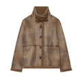 Ladies short jacket in lambskin look with stand-up collar, button and buckle closure Fashion Glam