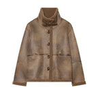 Ladies short jacket in lambskin look with stand-up collar, button and buckle closure Fashion Glam