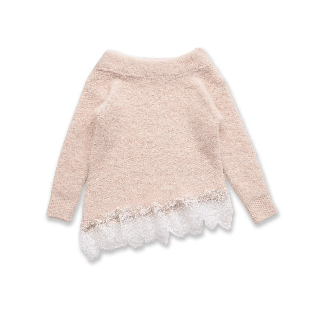 Women's Fuzzy Knit Sweater with Off-the-Shoulder Neckline and Lace Trim Fashion Glam