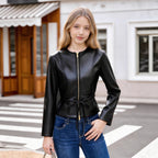 Women's Collarless Faux Leather Jacket with Zipper and Waistband Fashion Glam