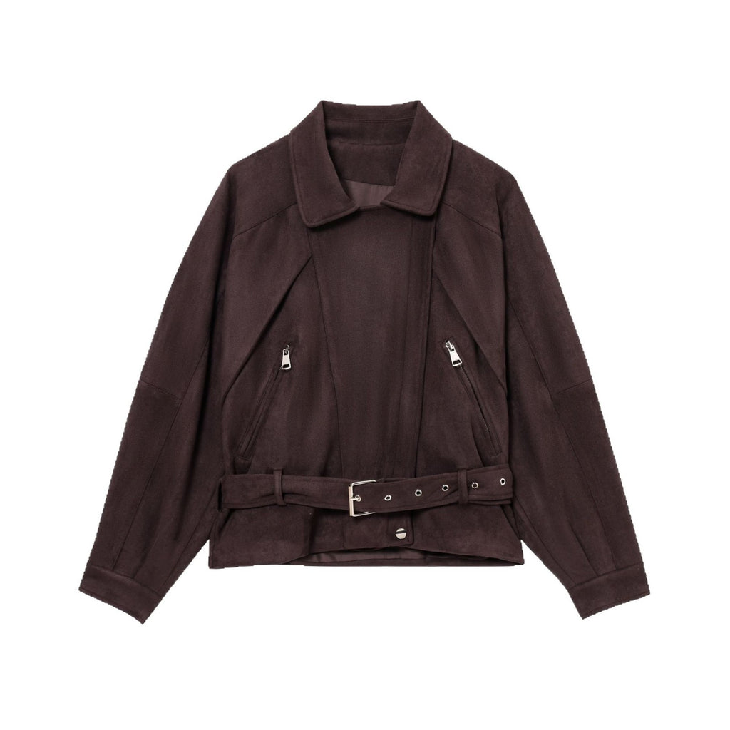 Women Short Suede Look Trench Coat with Waist Belt and Zipper Details Fashion Glam