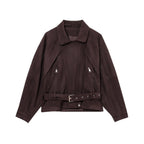 Women Short Suede Look Trench Coat with Waist Belt and Zipper Details Fashion Glam