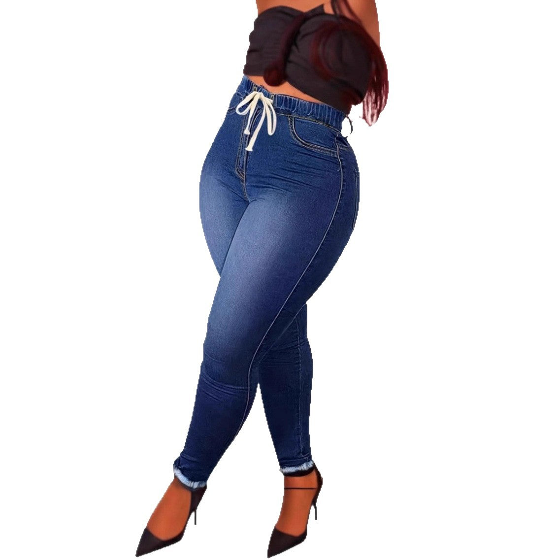 Women's High-Waist Sculpting Jeggings in Denim Look with Elastic Drawstring Waistband Fashion Glam