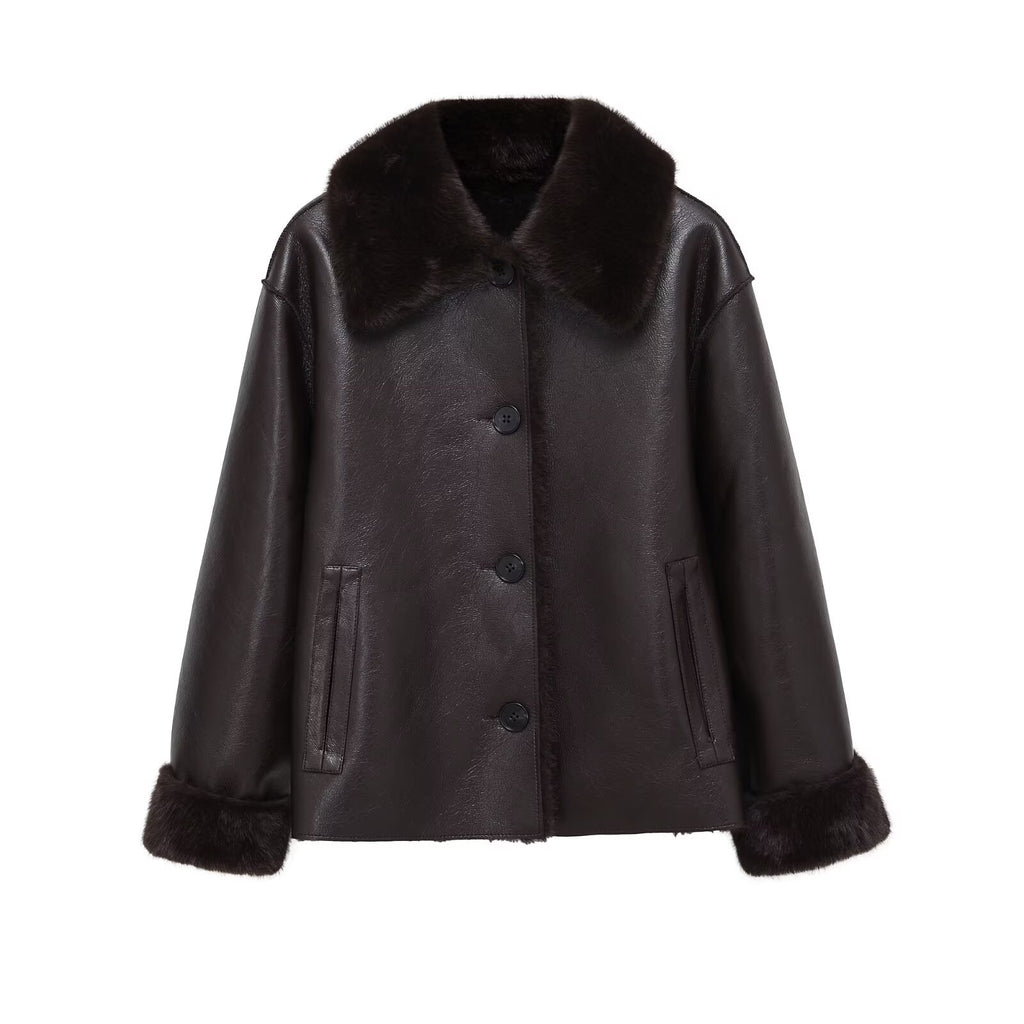 Women Boxy Faux Leather Jacket with Faux Fur Collar, Lambswool Imitation Lining and Button Closure Fashion Glam