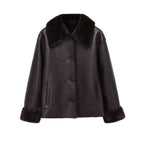 Women Boxy Faux Leather Jacket with Faux Fur Collar, Lambswool Imitation Lining and Button Closure Fashion Glam