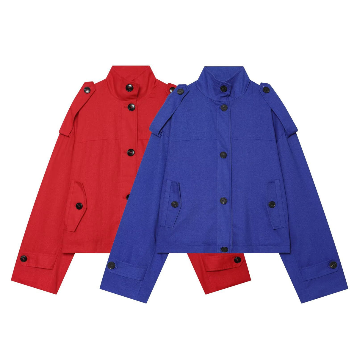 Women's Boxy-Cropped Jacket with Stand Collar Shoulder Patches and Flap Pockets Fashion Glam