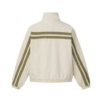 Unisex short cut boxy blouson jacket with stand collar, double stripe detail and checked inner lining Fashion Glam