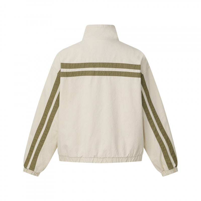 Unisex short cut boxy blouson jacket with stand collar, double stripe detail and checked inner lining Fashion Glam