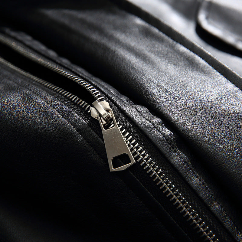 Men's Boxy Faux Leather Blouson Jacket with Stand Collar Snap Placket and Elastic Hem Fashion Glam