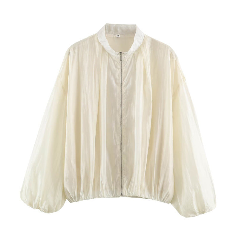 Women's sheer oversized bomber jacket made of lightweight satin organza with balloon sleeves Fashion Glam
