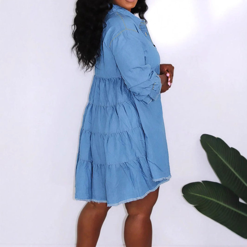 Women Oversize Denim Shirt Dress with Continuous Button Placket and Pockets Fashion Glam