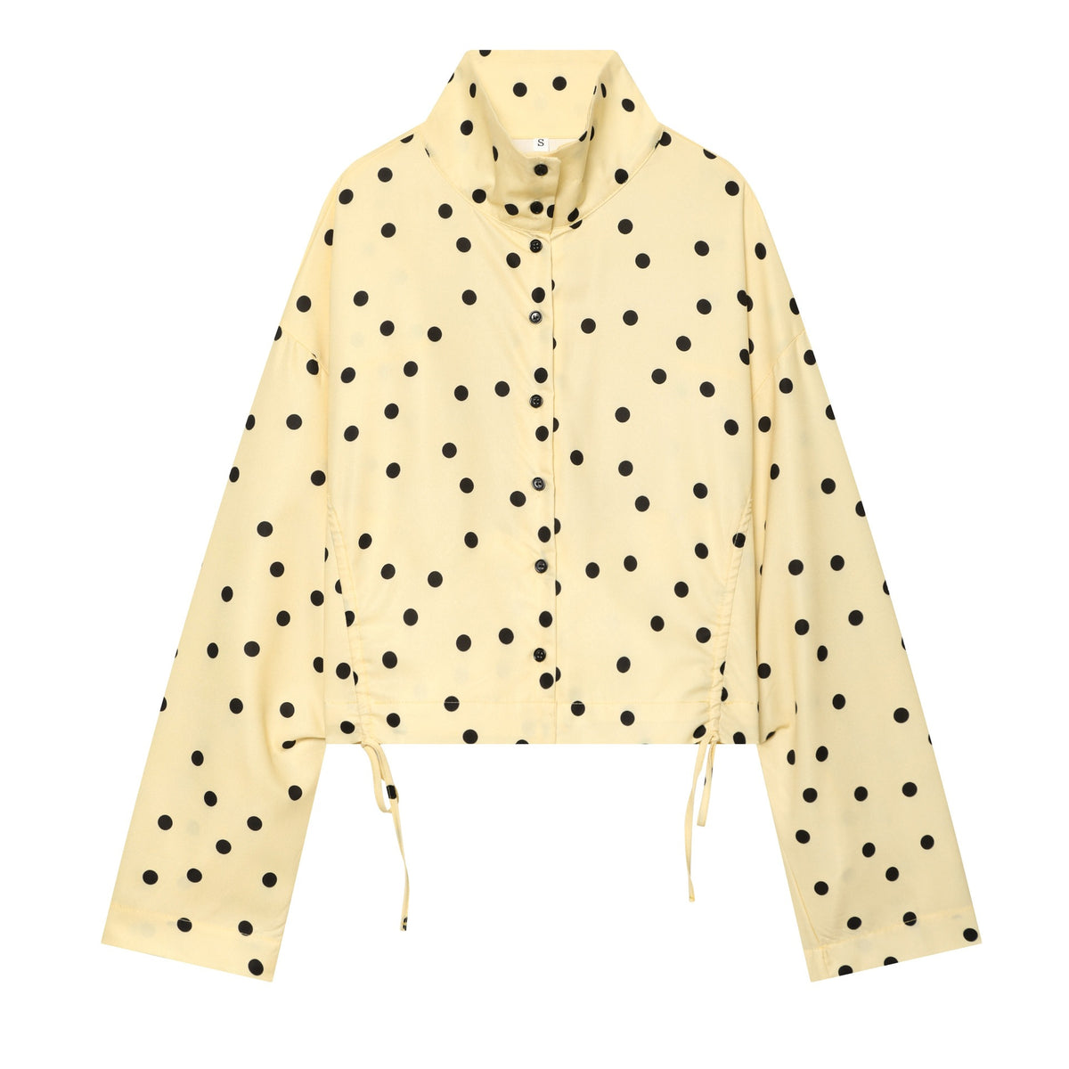 Women's Polka Dot Cropped Blouse with Stand Collar and Drawstring Fashion Glam