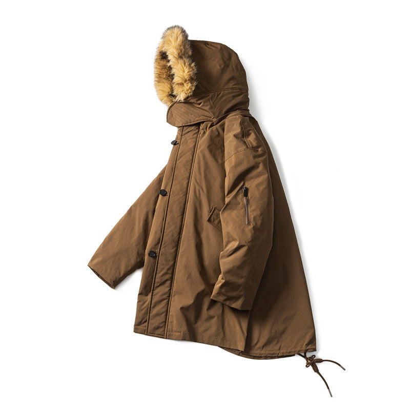 Men's Quilted Parka in Fish Tail Cut with Detachable Faux Fur Hood and Thermal Lining Fashion Glam