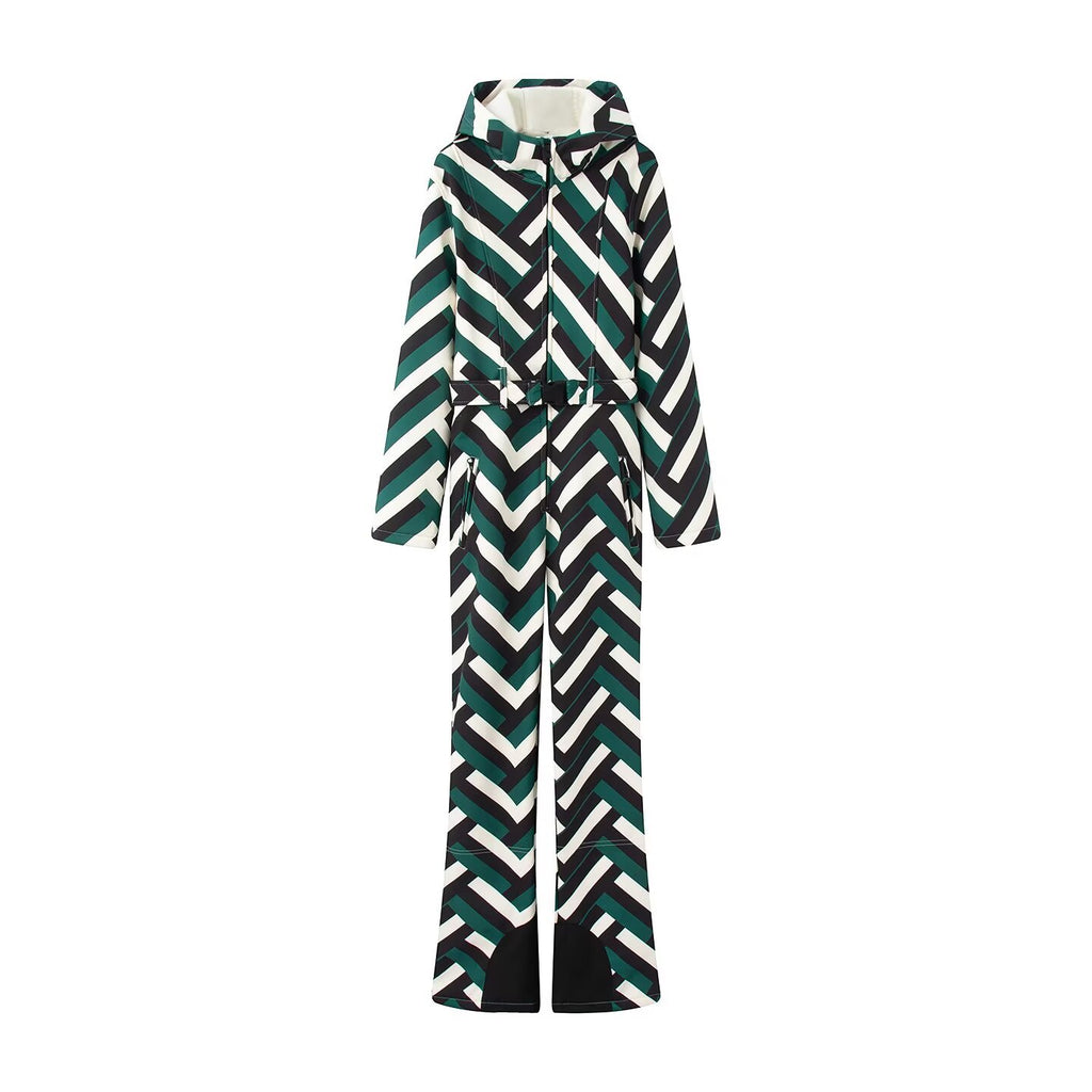 Ladies Hooded Overall with Belt, Zipper and Flared Leg Fashion Glam