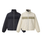 Unisex short cut boxy blouson jacket with stand collar, double stripe detail and checked inner lining Fashion Glam
