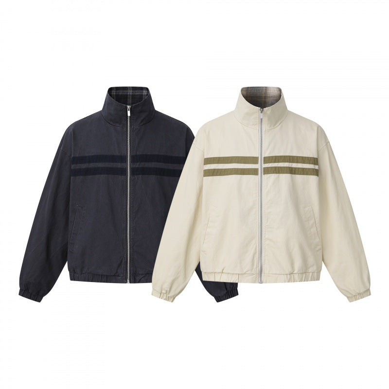 Unisex short cut boxy blouson jacket with stand collar, double stripe detail and checked inner lining Fashion Glam