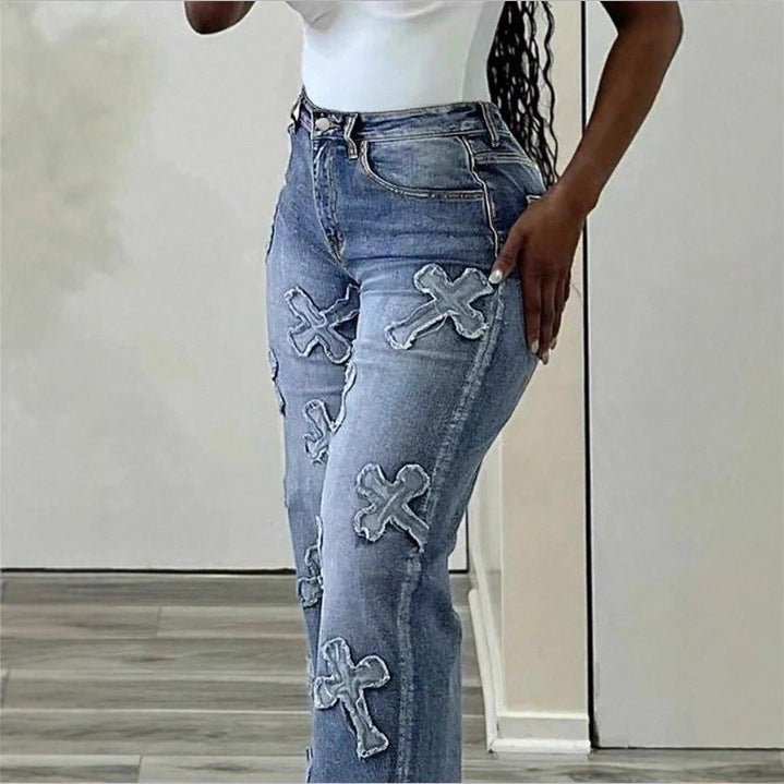 Women High-Waisted Straight-Leg Jeans with Fringed Cross Applications Fashion Glam