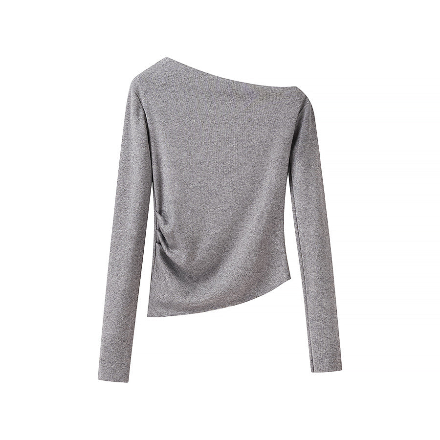 Women's Asymmetrical One-Shoulder Long Sleeve Shirt with Side Gathering Fashion Glam
