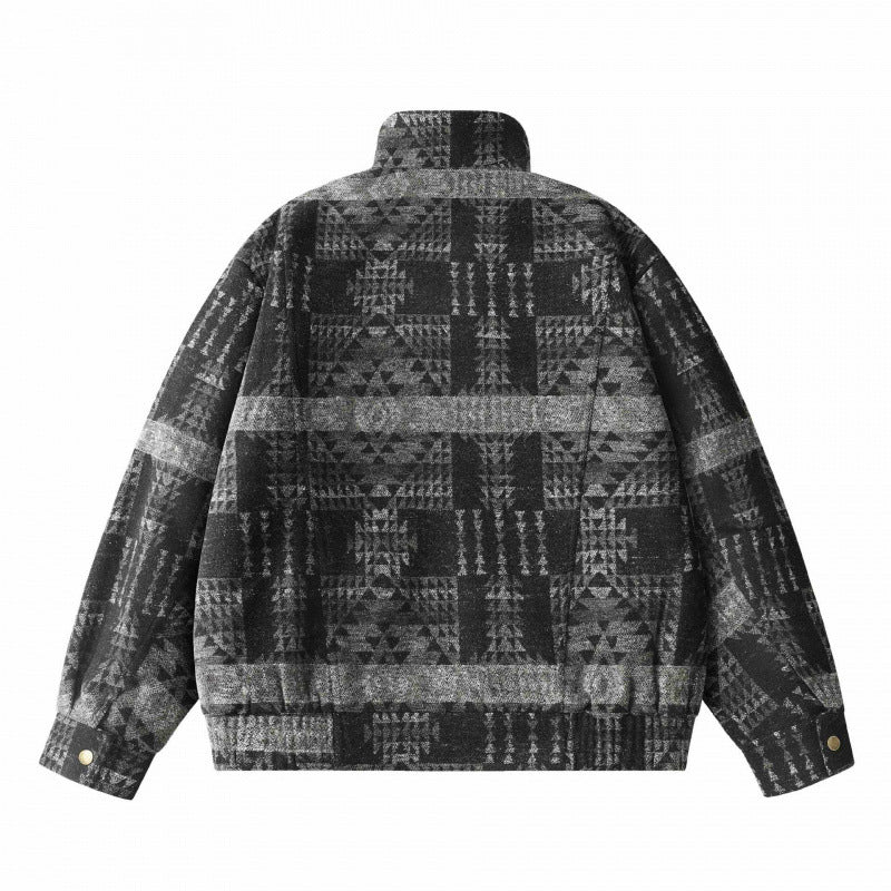 Unisex Boxy Jacquard Wool Bomber Jacket with Stand-Up Collar, Flap Pockets, and Elastic Hem Fashion Glam