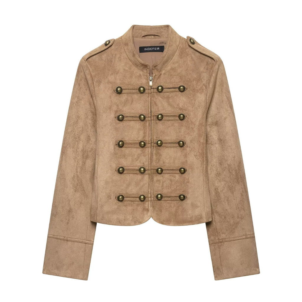 Women's short jacket in military style with stand-up collar and decorative button detail Fashion Glam