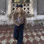 Women's Short Faux Fur Bomber Jacket with Voluminous Shawl Collar and Zipper Fashion Glam