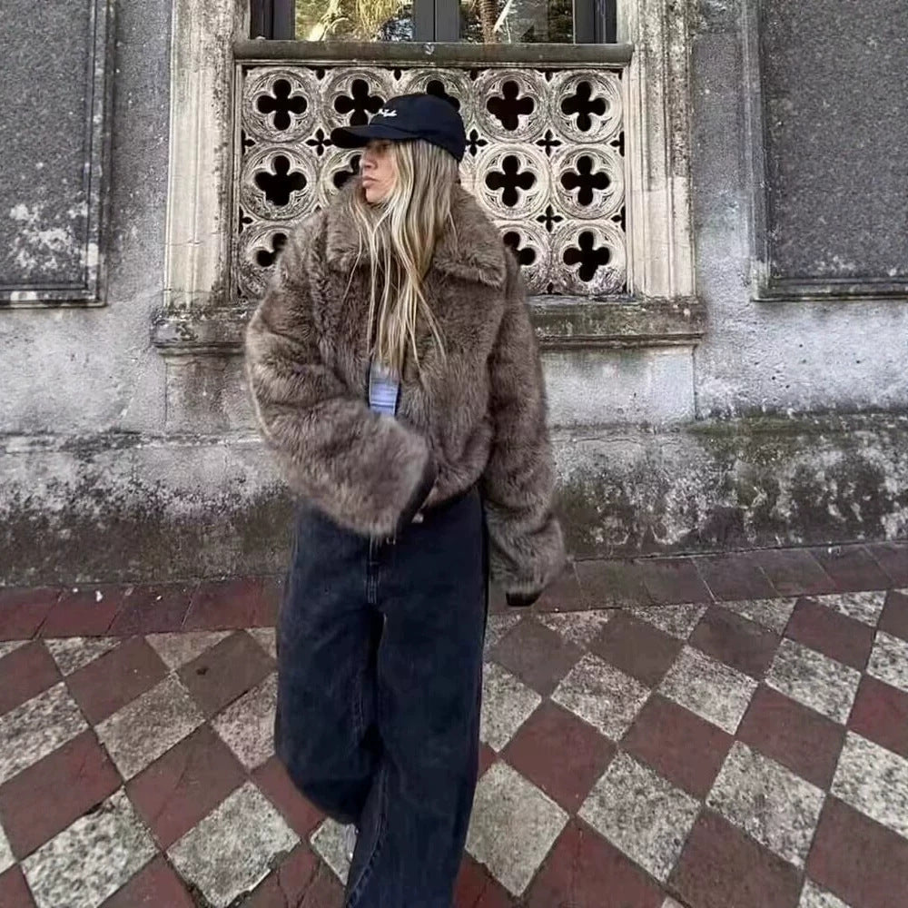 Women's Short Faux Fur Bomber Jacket with Voluminous Shawl Collar and Zipper Fashion Glam