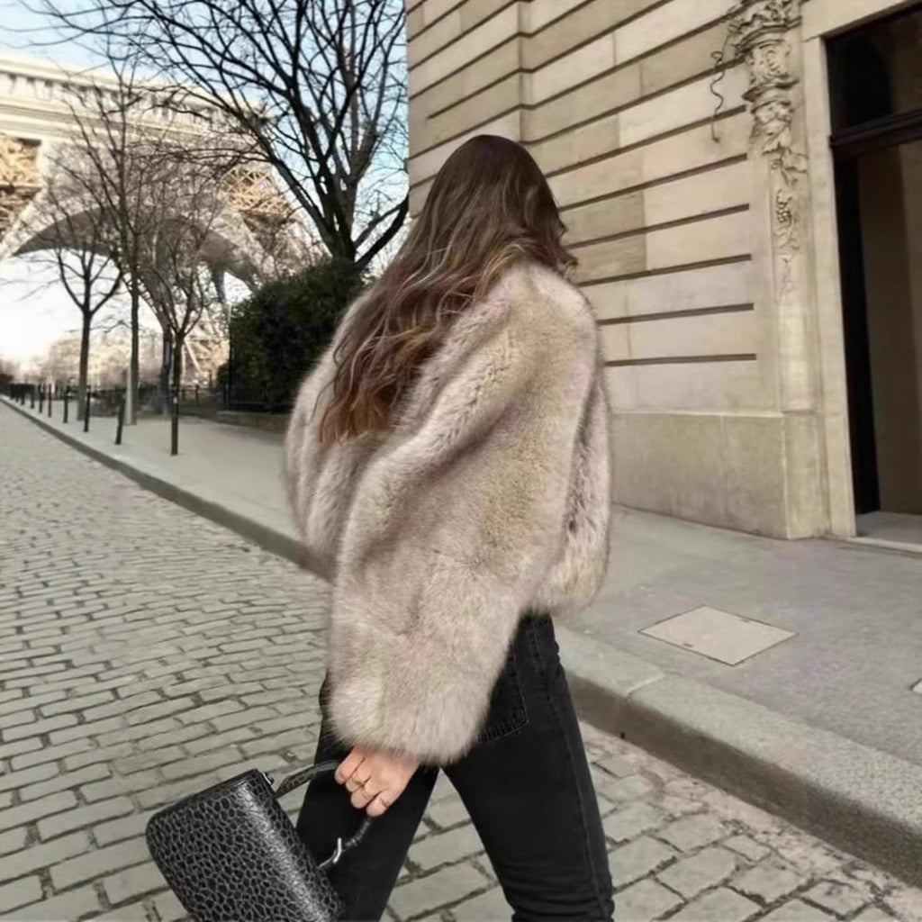 Women Cropped Faux Fur Bomber with Round Neck, Soft Draping High Pile and Boxy Silhouette Fashion Glam