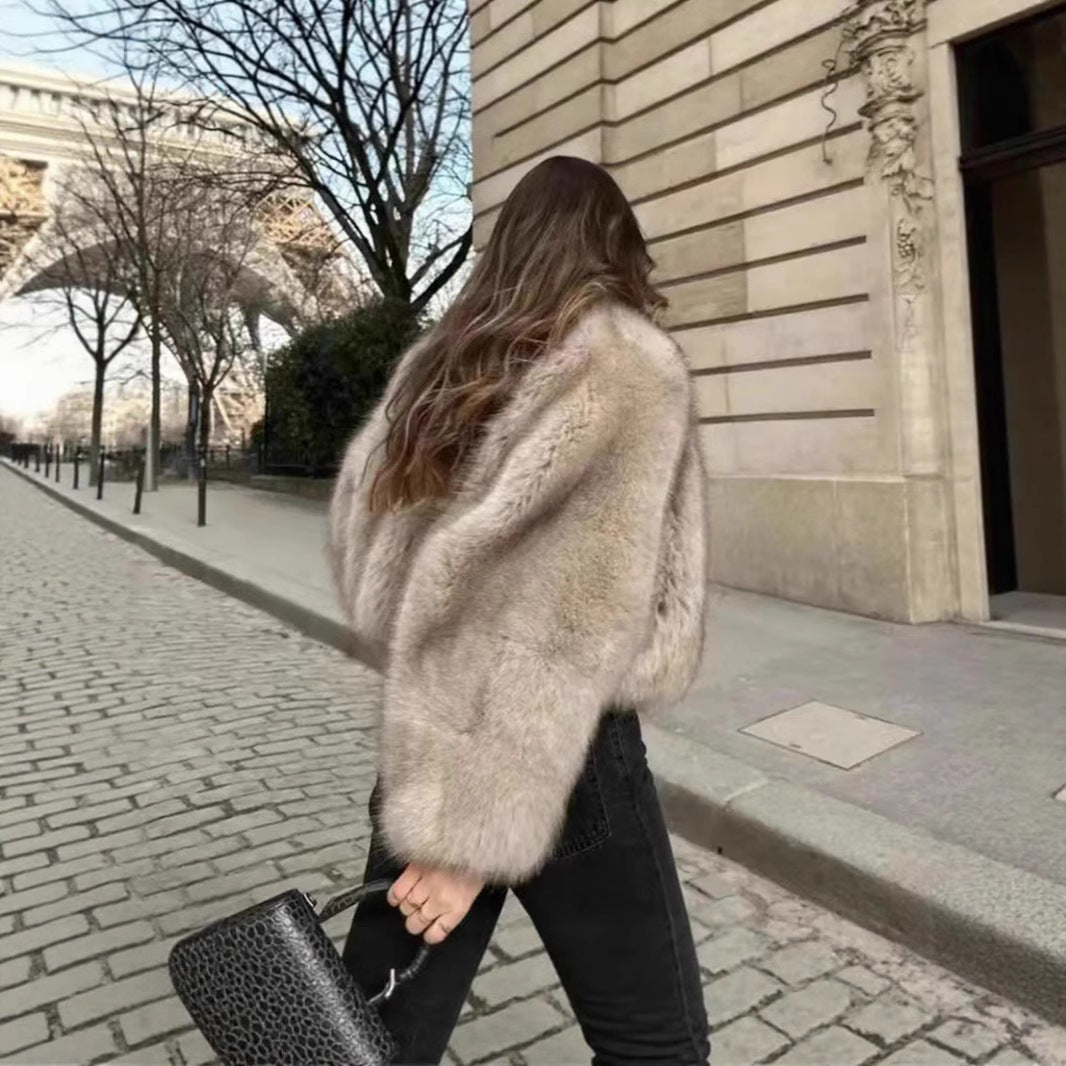 Women Cropped Faux Fur Bomber with Round Neck, Soft Draping High Pile and Boxy Silhouette Fashion Glam