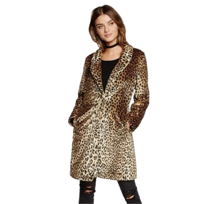 Women's Mid-length Faux-Fur Coat in Leopard Print with Notch Collar and Side Pockets Fashion Glam