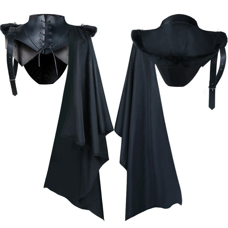 Unisex shoulder plate cape with laced collar, faux fur trim, adjustable leather straps, and asymmetrical train Fashion Glam