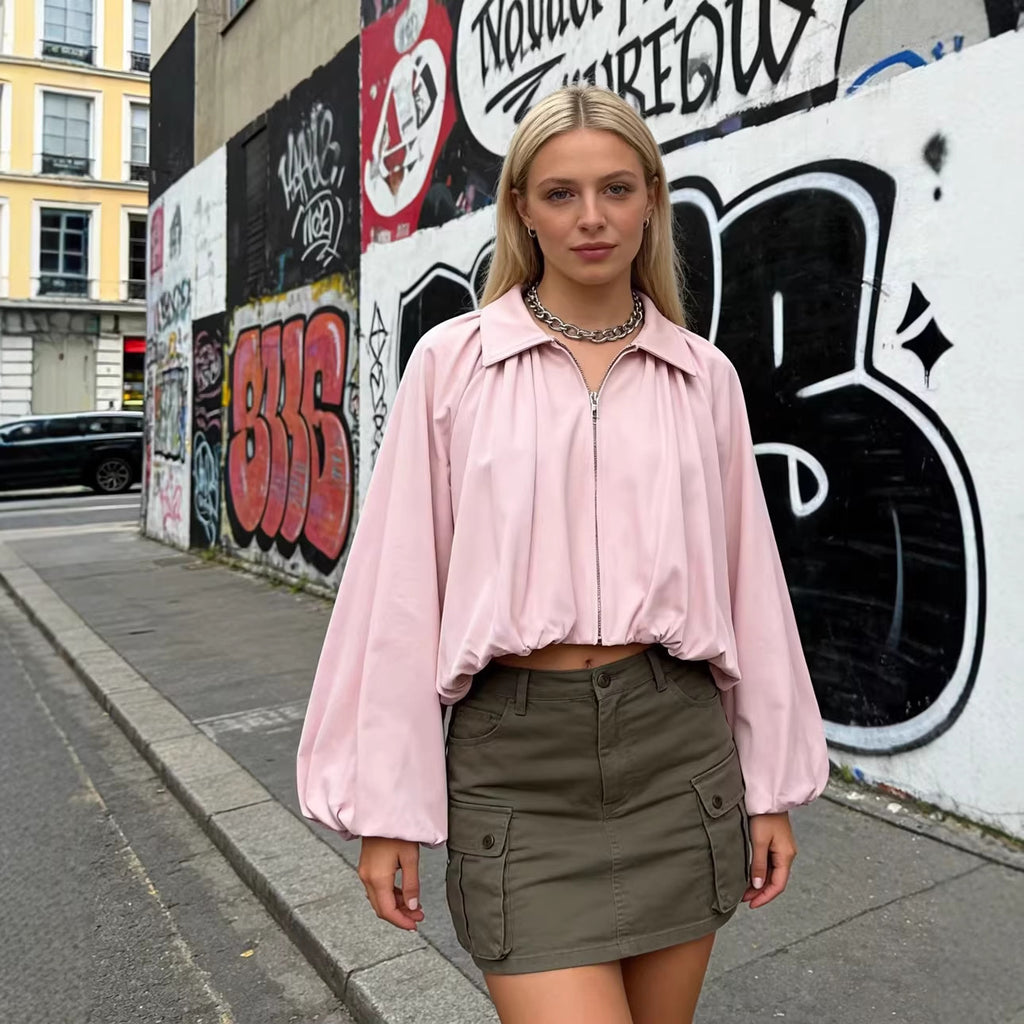 Women's Short Oversized Bomber Jacket with Voluminous Sleeves and Elastic Fashion Glam