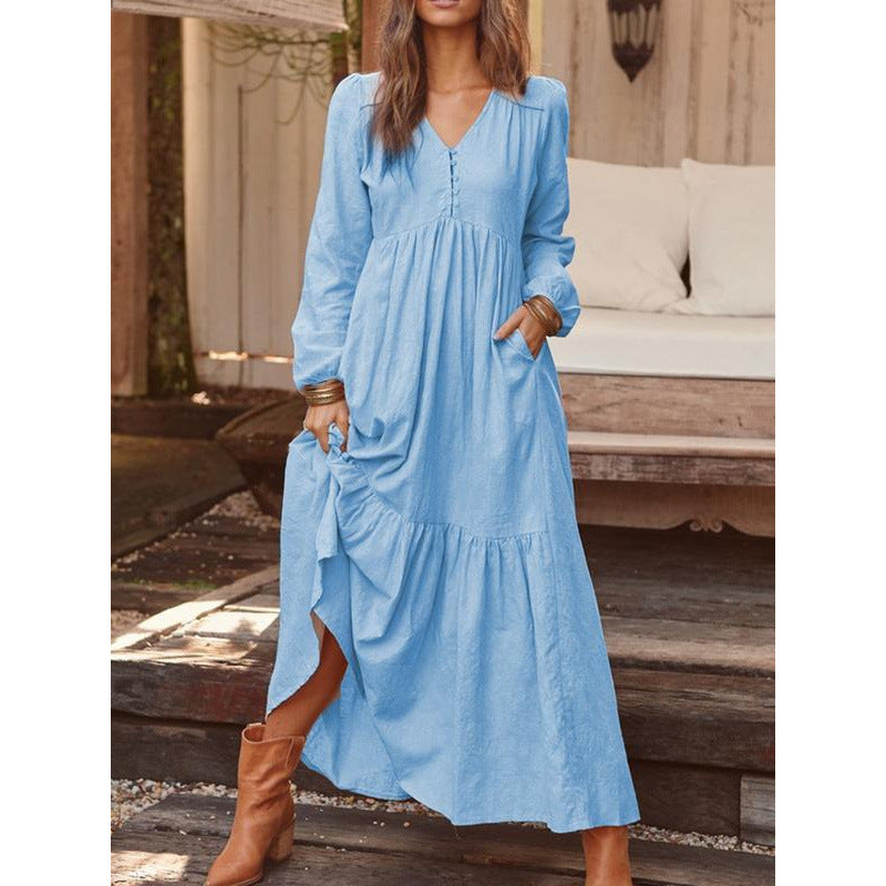 Ladies Long Tiered Dress made of Linen Blend with V-Neck and Side Pockets Fashion Glam