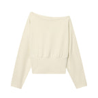 Women's Off-Shoulder Cropped Sweatshirt with Wide Boat Neck and Waistband Fashion Glam